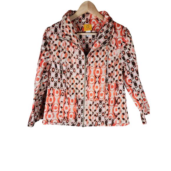 RUBY RD Coral Brown Full Zip 70s Disco Psychedelic Waist Length Jacket SZ 8 - Picture 1 of 7